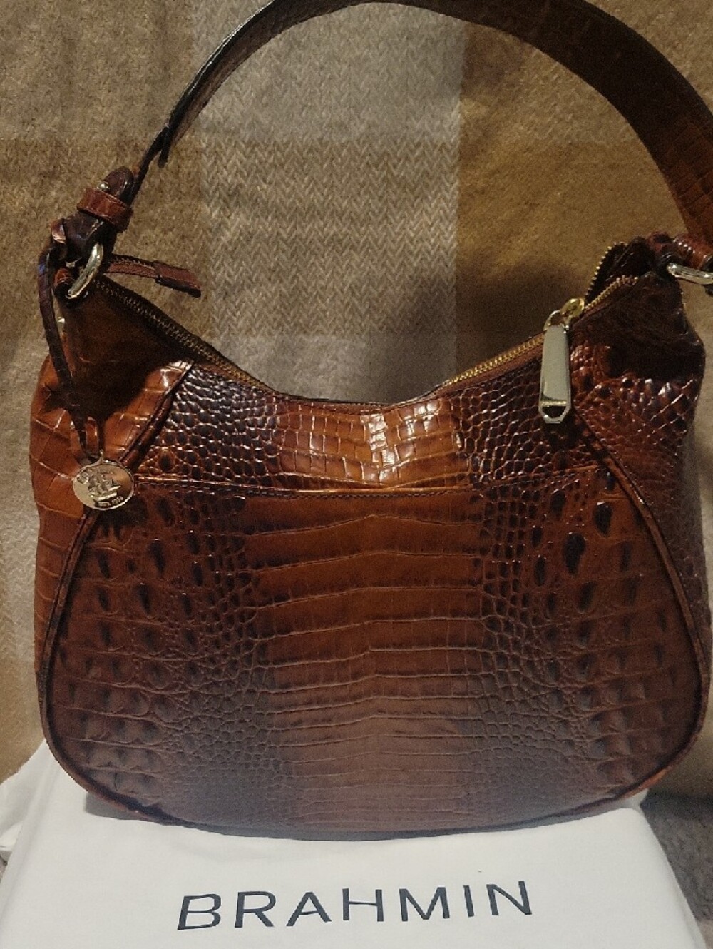 Brahmin Cognac Croc-Embossed Leather Hobo Shoulder Bag - Picture 2 of 4
